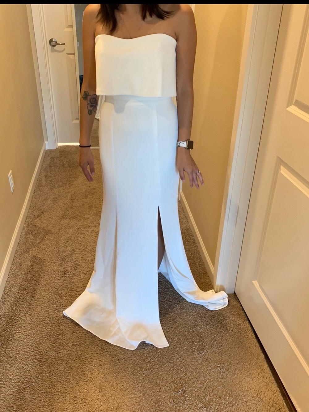 David's Bridal White Strapless Column Gown with Front Slit